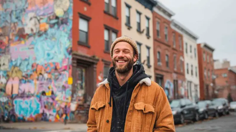 Man smiling on a Brooklyn street with colorful mural in the background