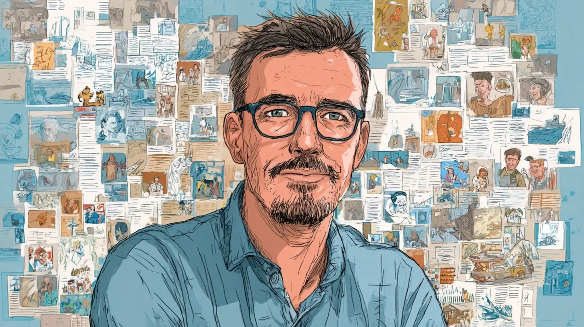 Illustrated portrait of a person with glasses in front of a collage of news clippings