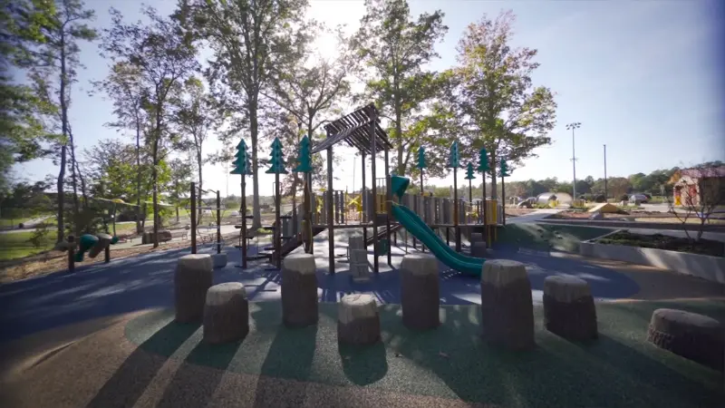 Harmony Playground in Prospect Park with tree-themed structures, slide, and stump-style stepping posts