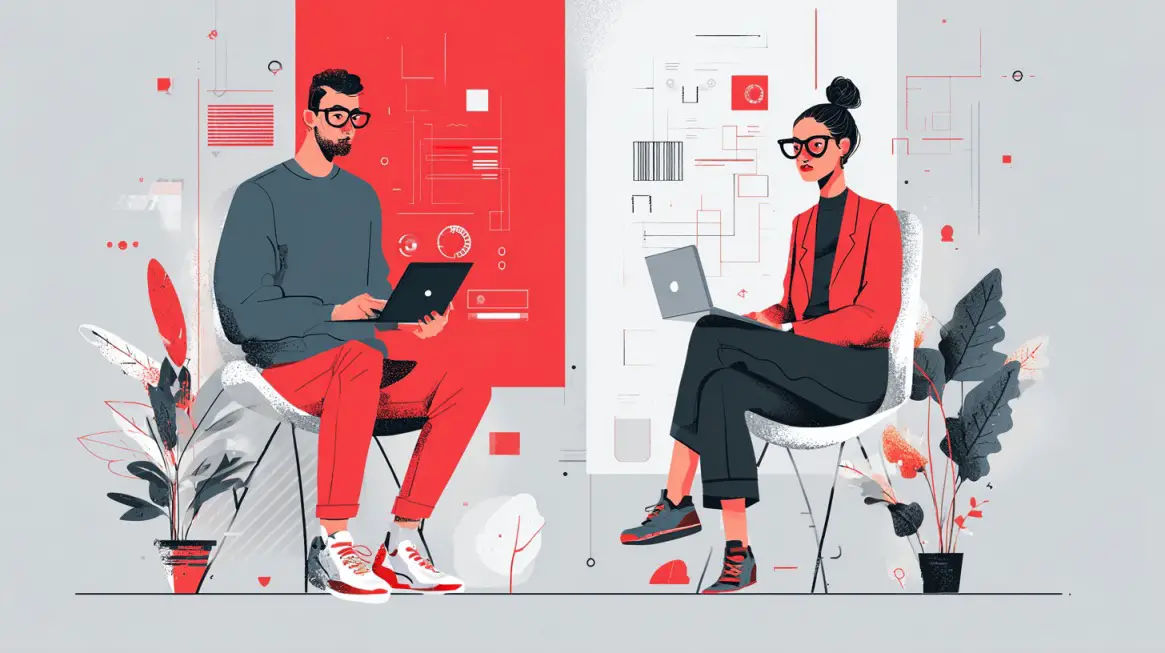 Illustration of two creatives working on laptops with abstract AI interface graphics in the background