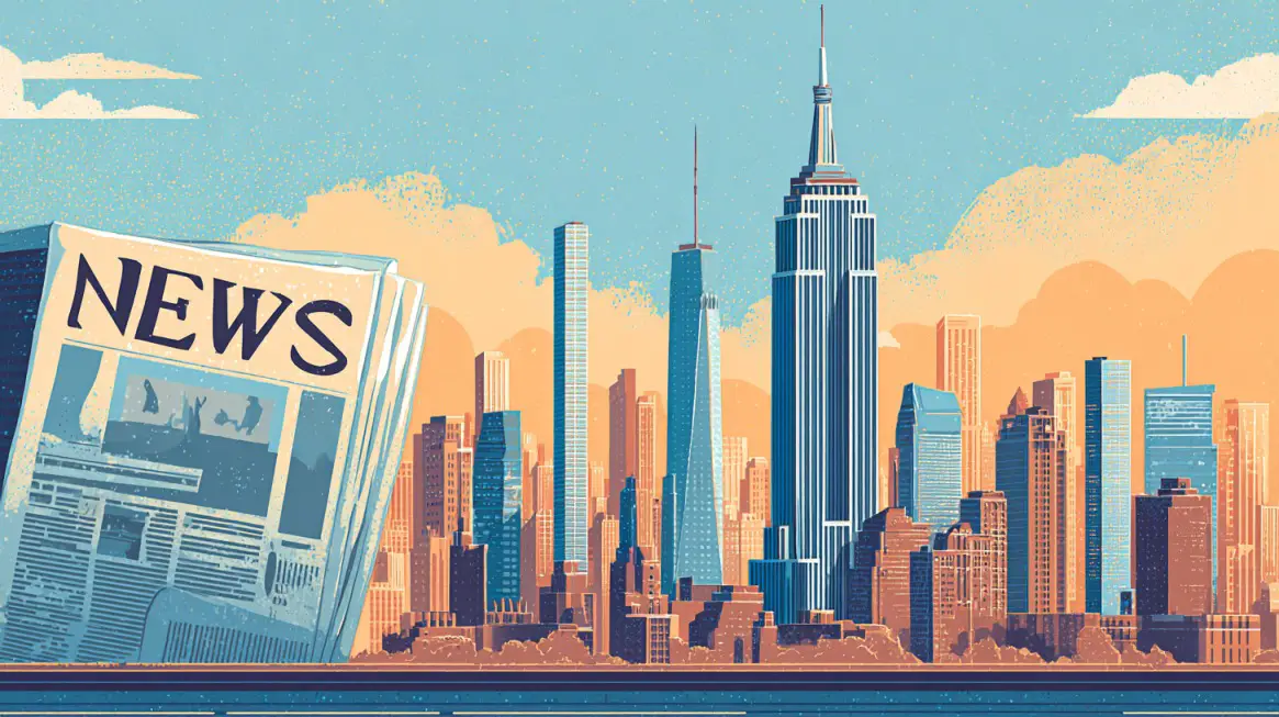 Illustration of New York City skyline with a newspaper labeled News in the foreground