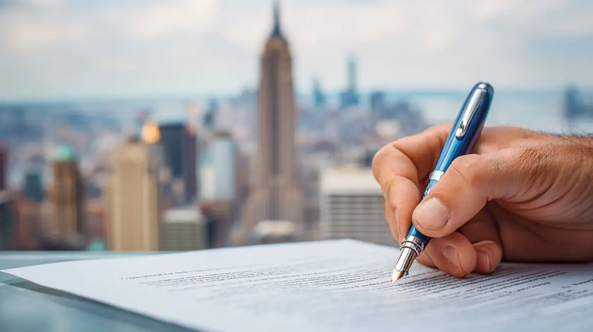 Hand signing legal documents with a city skyline in the background