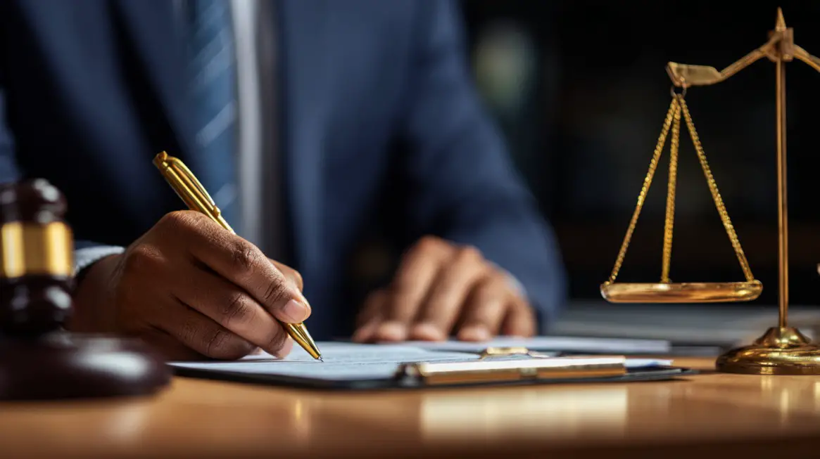 Close up of a person signing legal documents beside courthouse scales