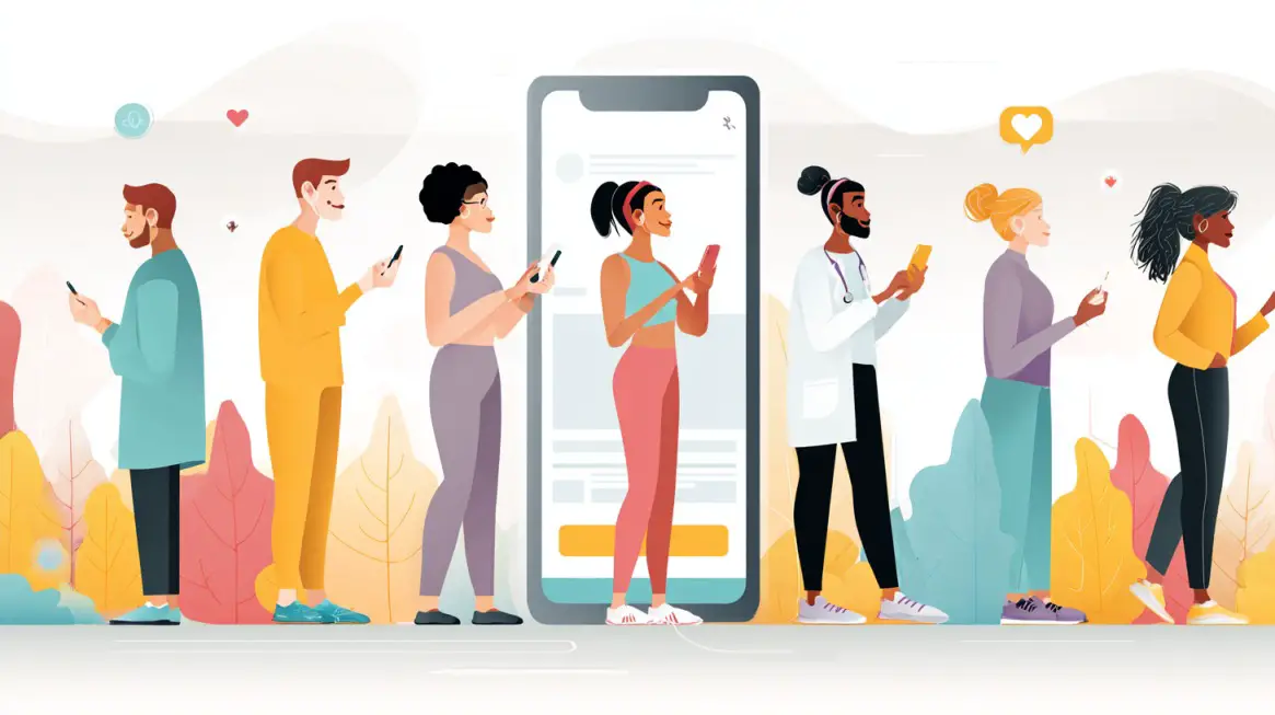 Illustration of diverse people using mobile health apps in front of a large smartphone
