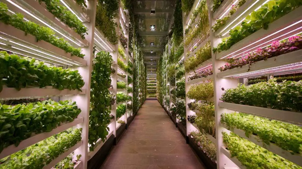 Rows of green plants growing on stacked shelves inside a vertical indoor farm