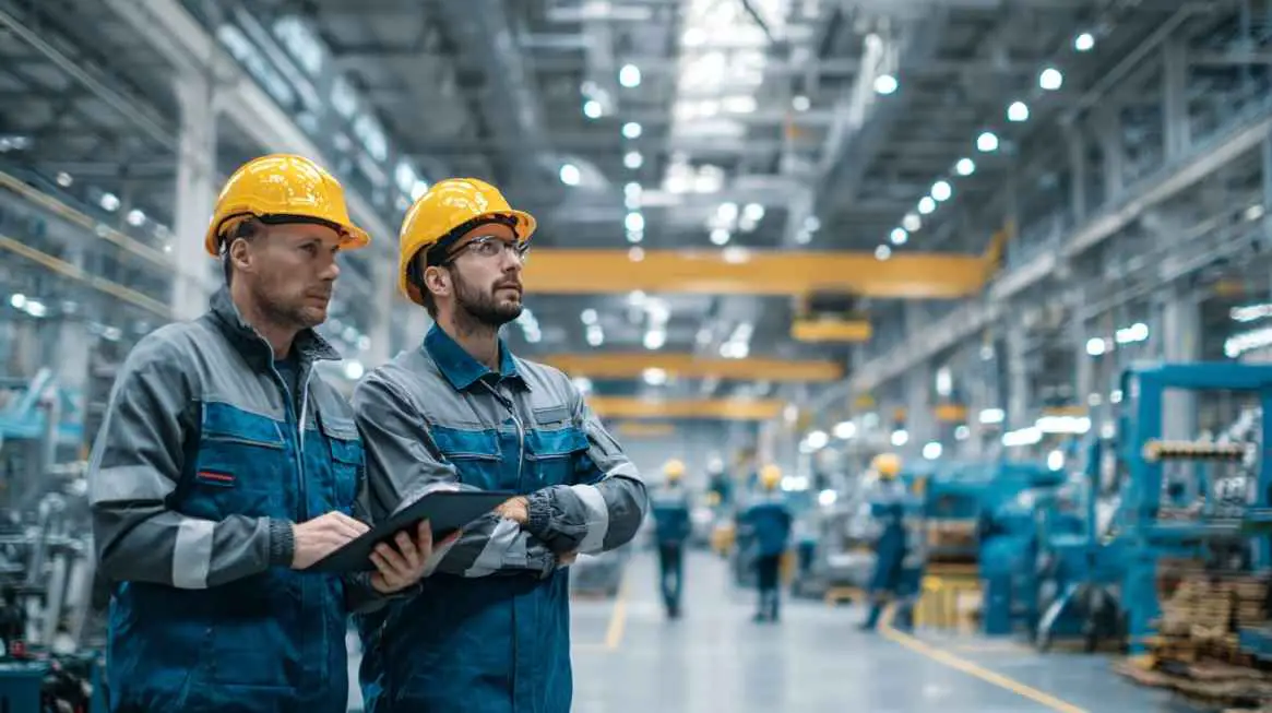 Two factory workers wearing hard hats review plans inside a large industrial facility