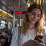 Woman standing on a subway train looking at her phone