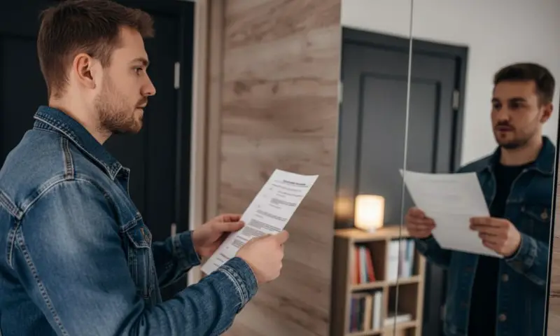 A man wearing a denim jacket holds and reads an audition rehersal paper in front of a mirror