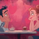 Illustration of a couple smiling at each other across a small café table with hearts in the background