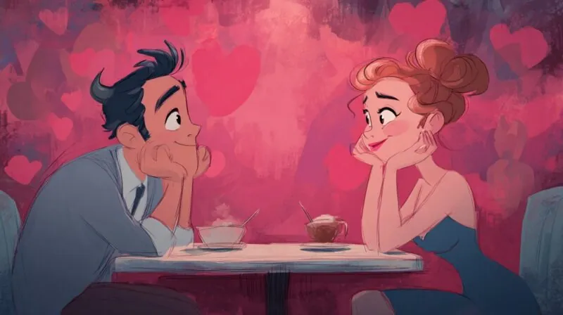 Illustration of a couple smiling at each other across a small café table with hearts in the background