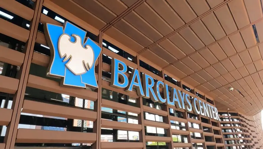 Barclays Center exterior with bold blue sign and logo