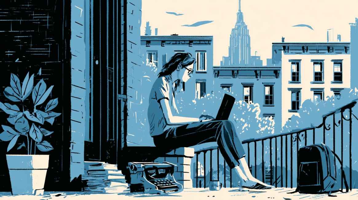 Illustrated scene of a freelancer working on a laptop from a city stoop with a backpack nearby and buildings in the background