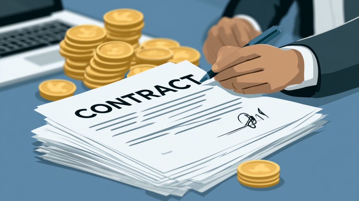 Illustration of a signed contract on a desk with stacks of coins, representing freelance agreements, deposits, and payment protection