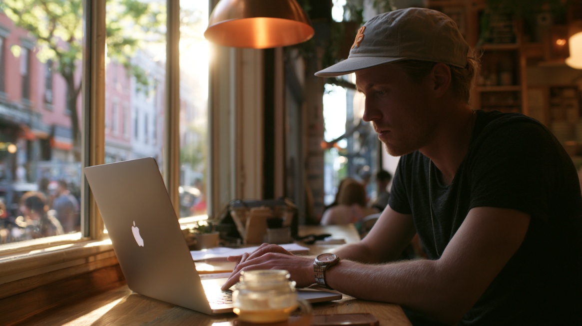 Person working on a laptop in a cozy café near a window, focused on planning or remote work