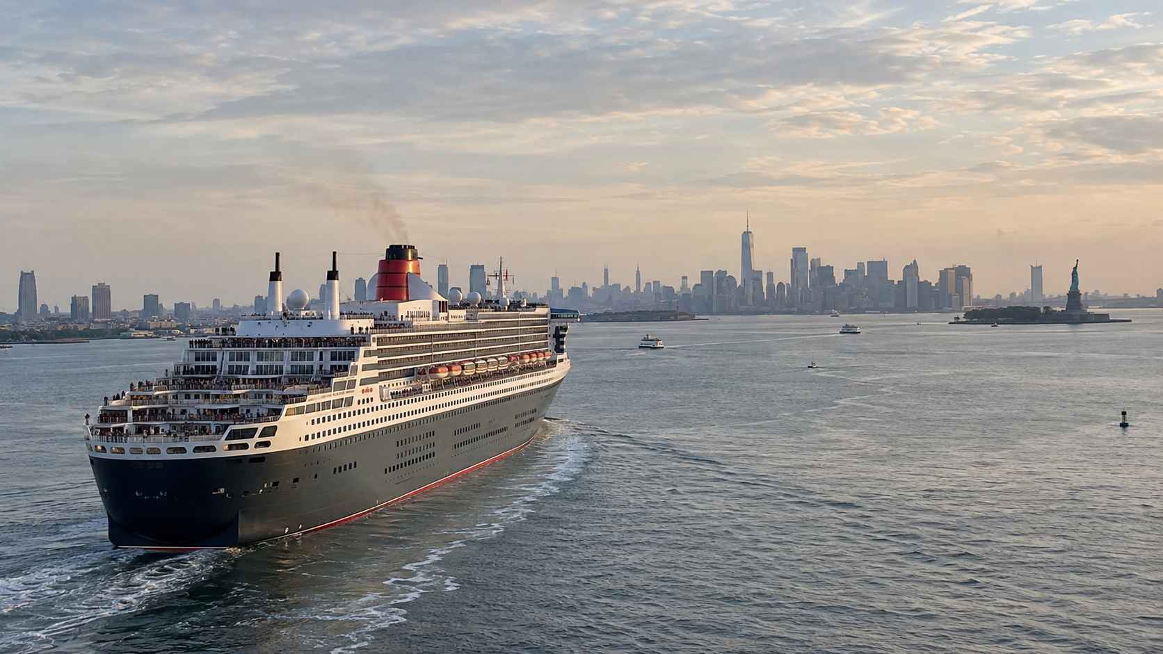 Queen Mary 2 departs New York for a week-long crossing of the North Atlantic.