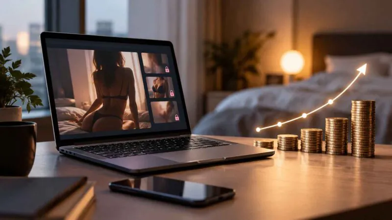 Laptop displaying adult subscription content beside rising coin stacks and a growth chart.