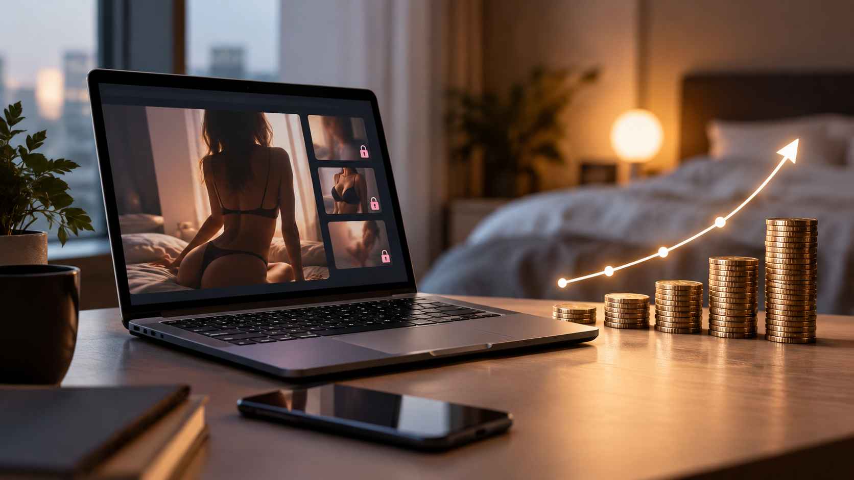 Laptop displaying adult subscription content beside rising coin stacks and a growth chart.